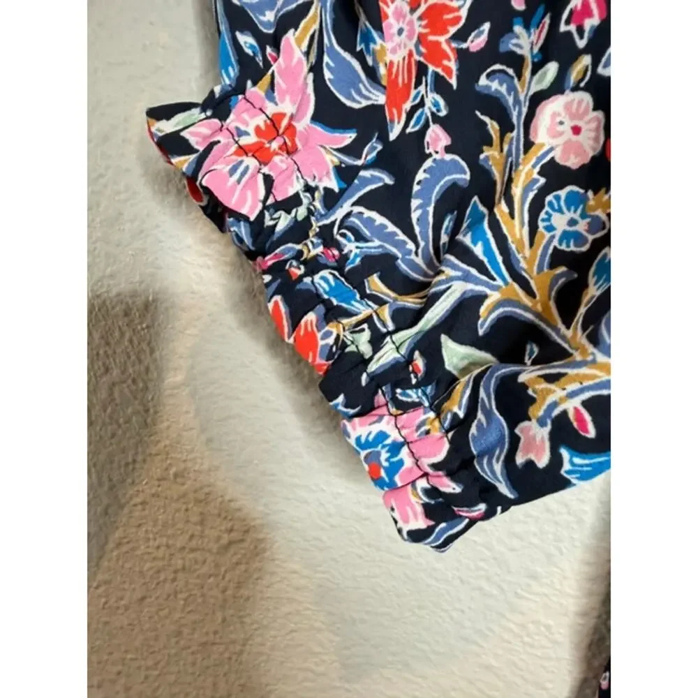 Loft Deep V-Neck Colorful Floral Blouse Puff Sleeve Sz Large